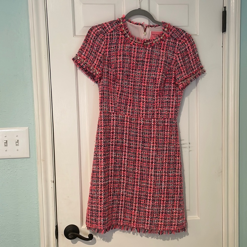 Kate Spade pink tweed dress with gold spade detail